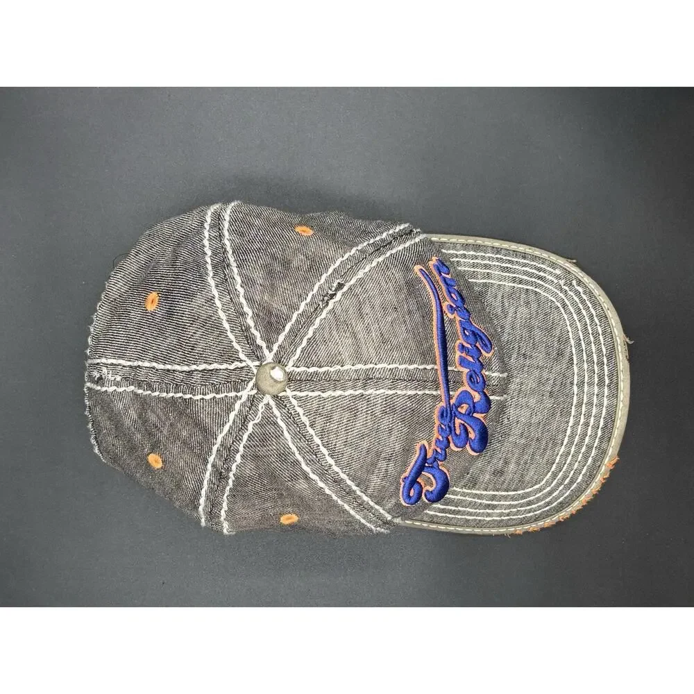 TRUE RELIGION Vtg Distressed Grey Leather Strap With Visor Thrd Stitches Hat